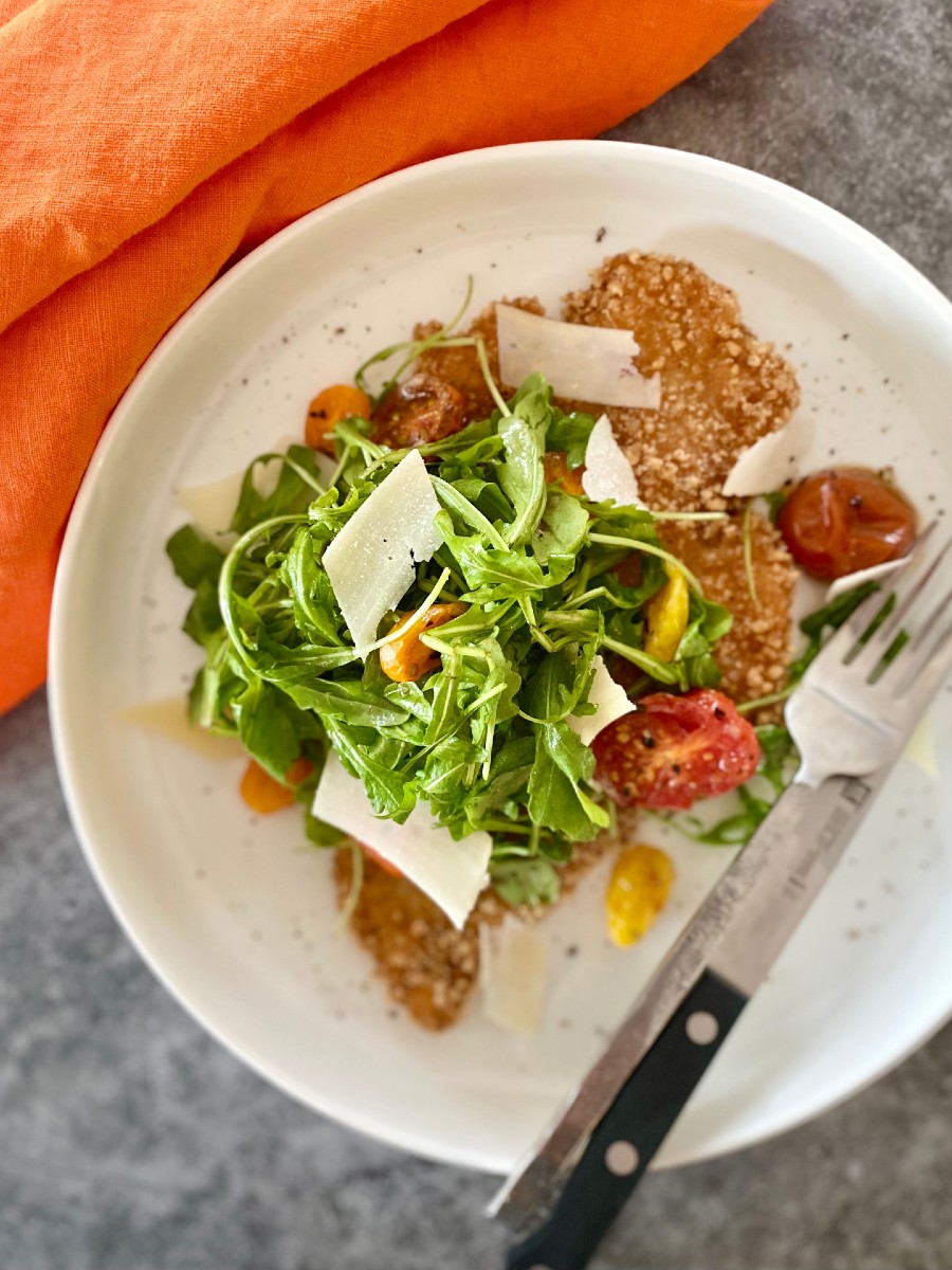 Classic Chicken Milanese with Roasted Tomatoes, Parmesan, and Arugula, Sacha Served What