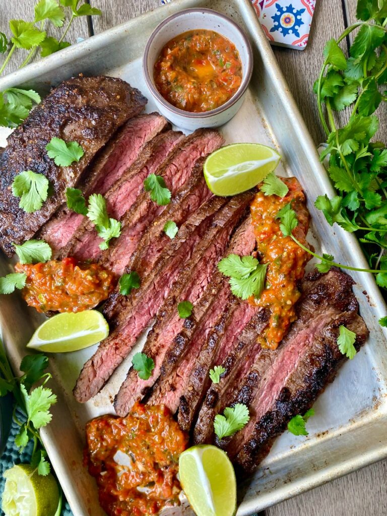 Chili Rubbed Flank Steak with Roasted Pepper Salsa, Sacha Served What