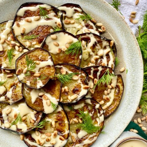 Eggplant with Tahini, Pine Nuts, and Fresh Herbs, Sacha Served What