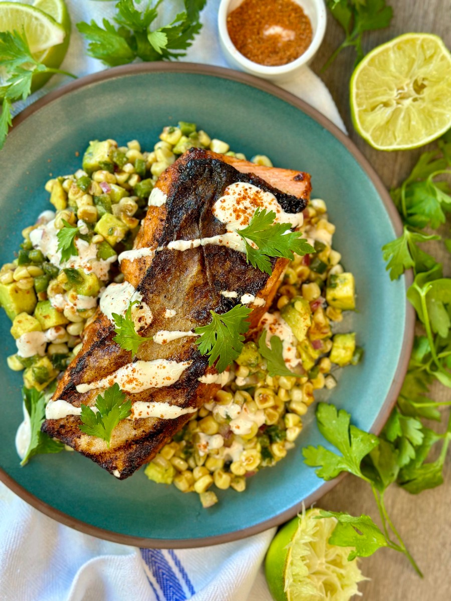 Chili Grilled Salmon with Avocado and Corn Salsa, Sacha Served What