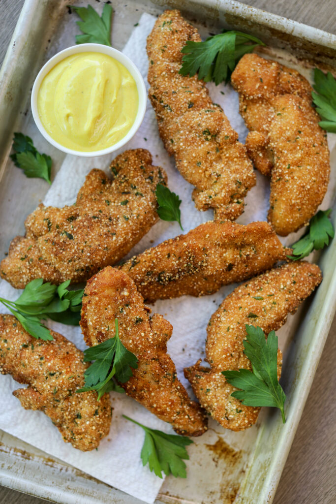 Quinoa-Crusted Chicken Fingers with Turmeric Aioli, Sacha Served What