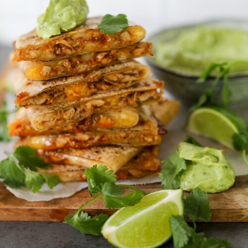 Chipotle Chicken Quesadillas with Avocado Crema, Sacha Served What