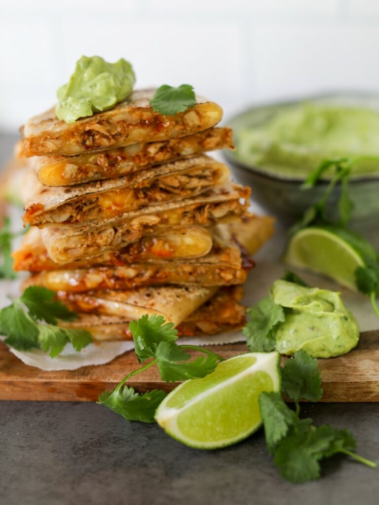 Chipotle Chicken Quesadillas with Avocado Crema, Sacha Served What