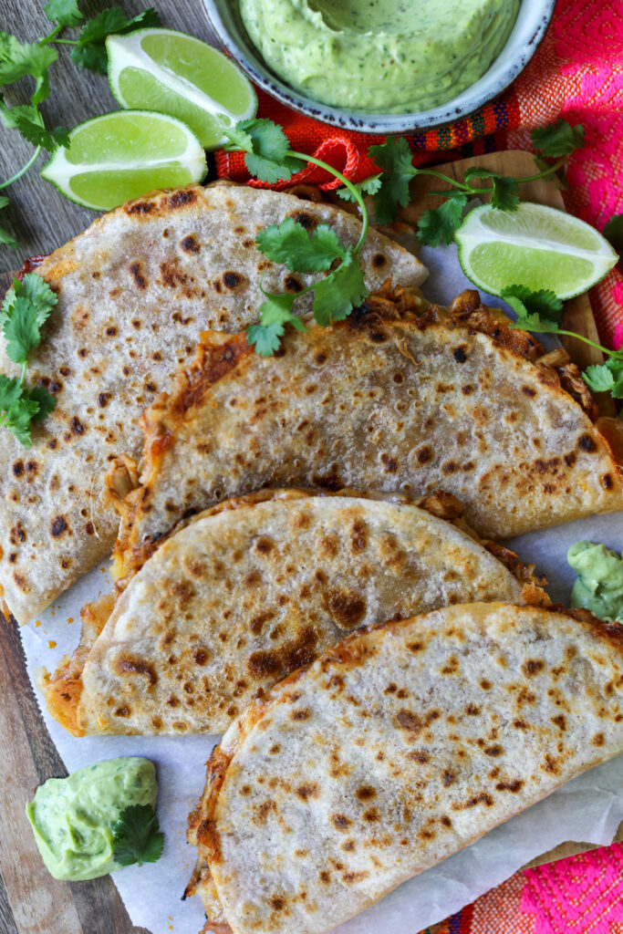 Chipotle Chicken Quesadillas with Avocado Crema, Sacha Served What