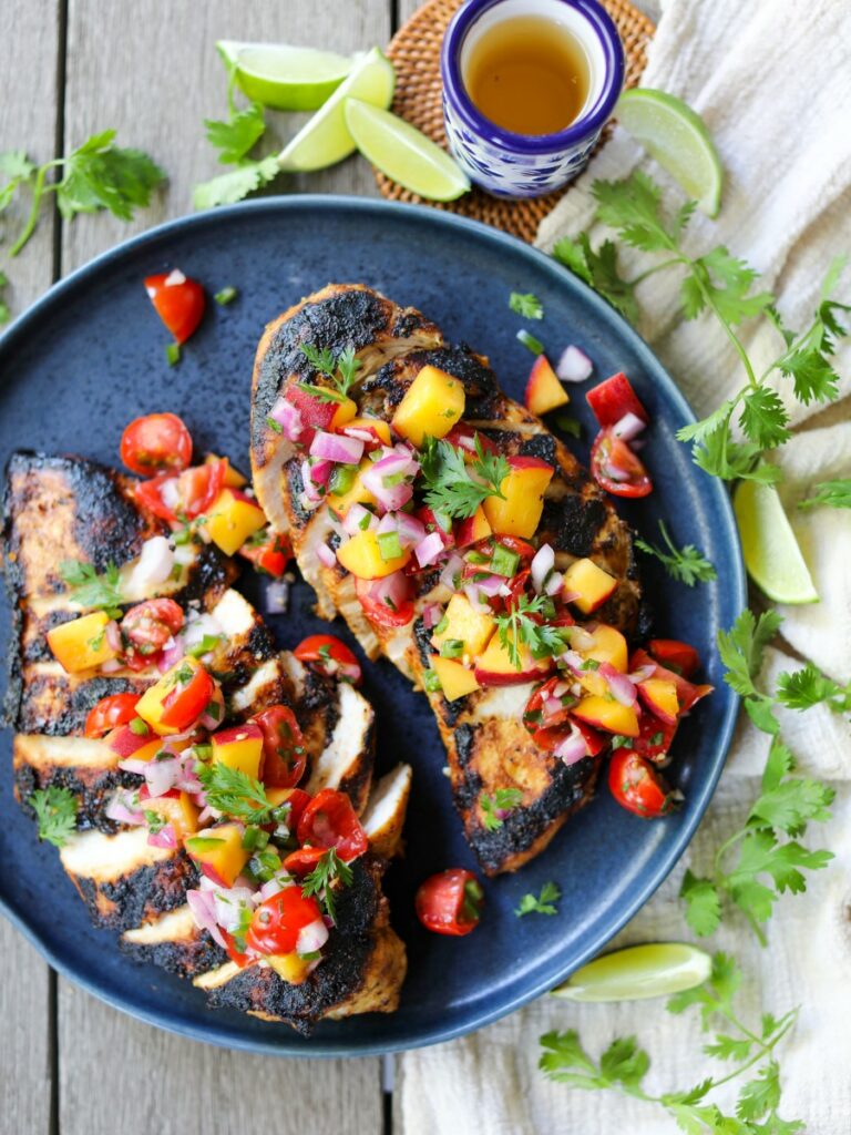 Tequila Grilled Chicken with Peach Salsa, Sacha Served What