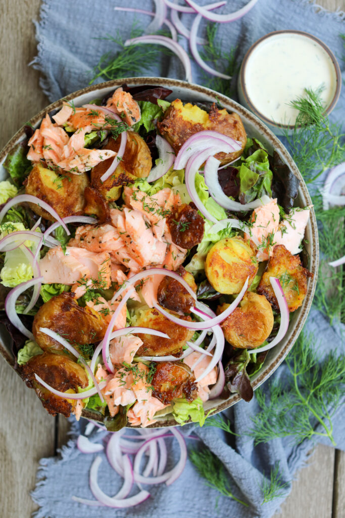 Salmon Salad with Crispy Potatoes and Tartar Dressing, Sacha Served What