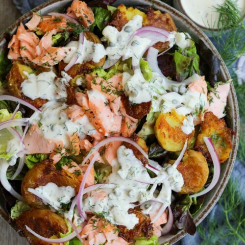 Salmon Salad with Crispy Potatoes and Tartar Dressing, Sacha Served What