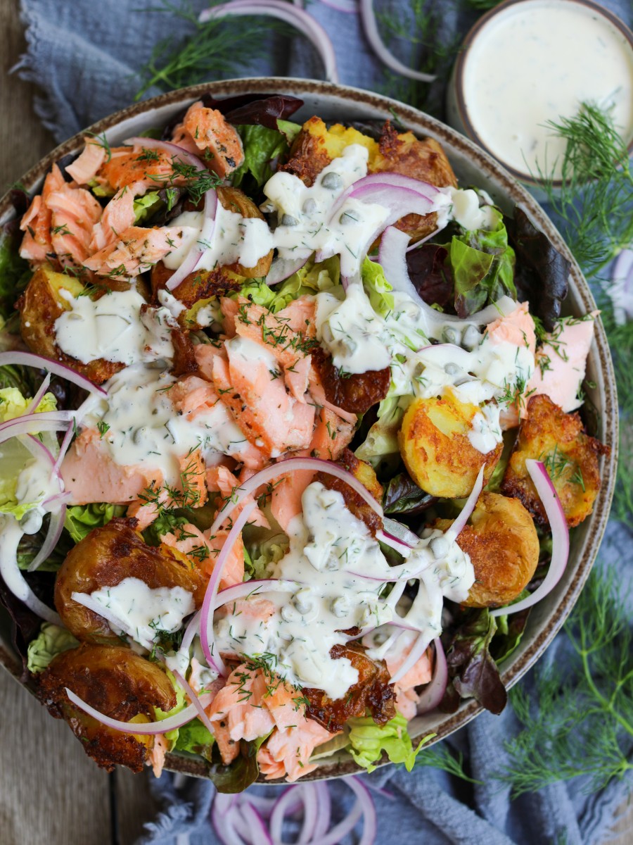 Salmon Salad with Crispy Potatoes and Tartar Dressing, Sacha Served What