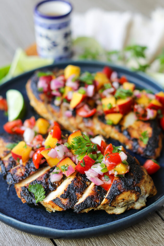 Tequila Grilled Chicken with Peach Salsa, Sacha Served What