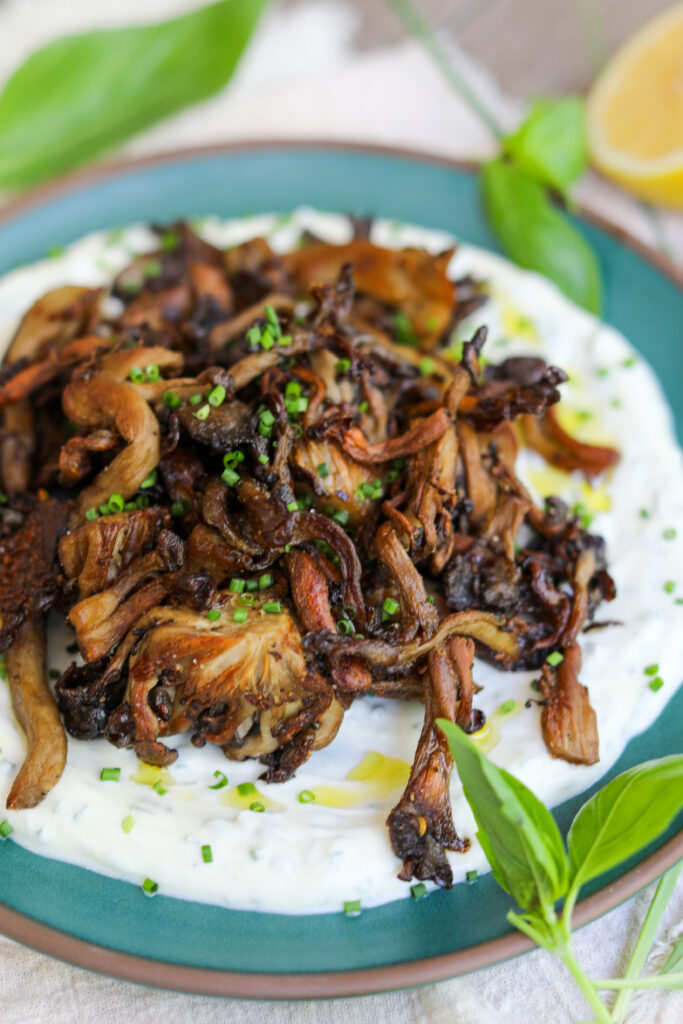 Roasted Oyster Mushrooms with a Herby Yogurt Sauce, Sacha Served What