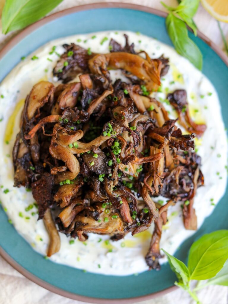 Roasted Oyster Mushrooms with a Herby Yogurt Sauce, Sacha Served What