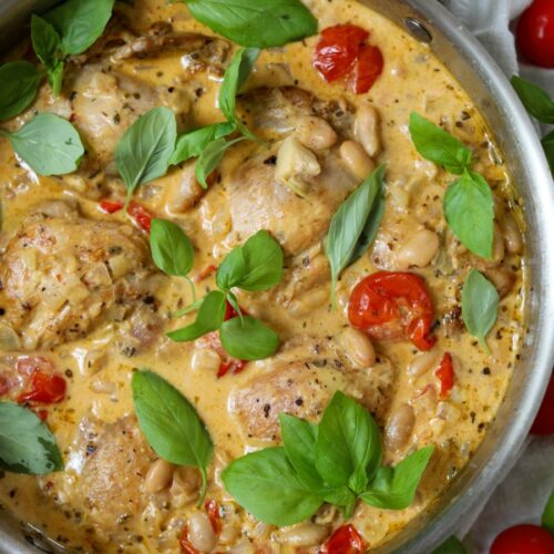 Creamy Tomato and White Bean Chicken Skillet, Sacha Served What