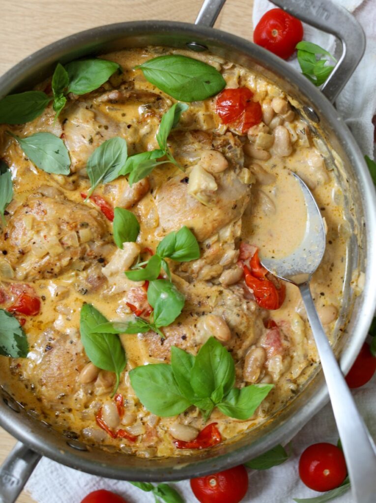 Creamy Tomato and White Bean Chicken Skillet, Sacha Served What